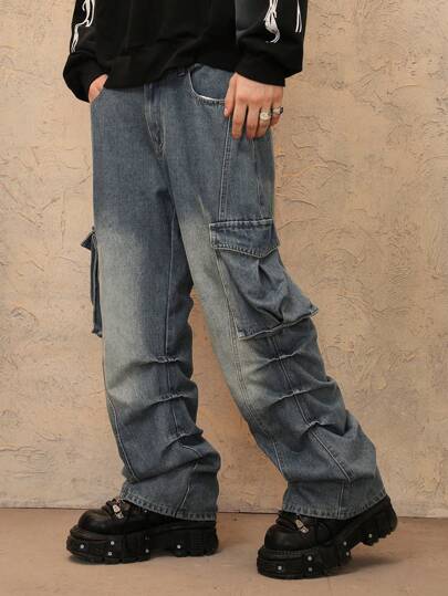 Grunge Punk Men's Baggy Casual Straight Leg Jeans With Pleated Cargo Pockets