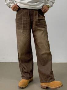 DAZY 男士宽松纯色休闲阔腿牛仔裤，秋季，返校服装 - 棕色 - 查看 5