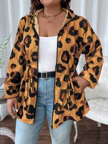 SHEIN LUNE Áo khoác dài có mũ trùm đầu họa tiết da báo cỡ lớn 1 mảnh - Rỉ Nâu - Xem 3