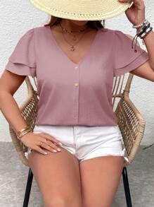 SHEIN VCAY 大码荷叶边 V 领短袖度假衬衫 - 淺灰紫 - 查看 5