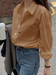 DAZY 女式休闲纽扣口袋纯色衬衫，秋季长袖上衣 - 珊瑚橙 - 查看 1