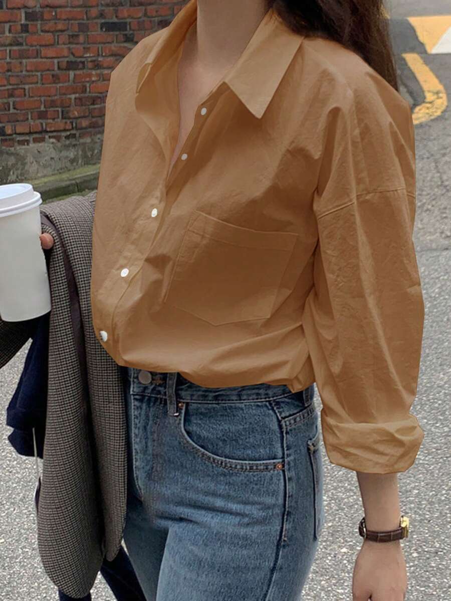 DAZY 女式休闲纽扣口袋纯色衬衫，秋季长袖上衣 - 珊瑚橙 - 查看 1