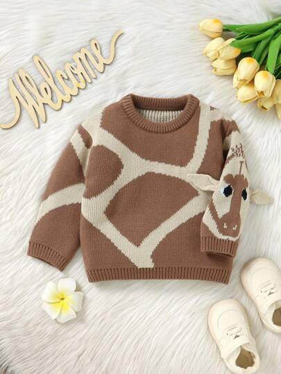 SHEIN Playful Pals Baby Boy Söt giraff Jacquard stickad tröja, bedårande örondesign, avslappnad och vintagestil långärmad tröja, varm och bekväm för att skydda bebis under tillväxt