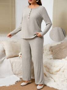 SHEIN LUNE 2 piezas Conjunto de pantalón y blusa de manga larga con botones a presión nervurado, talla grande, de otoño - Albaricoque - Ver 1