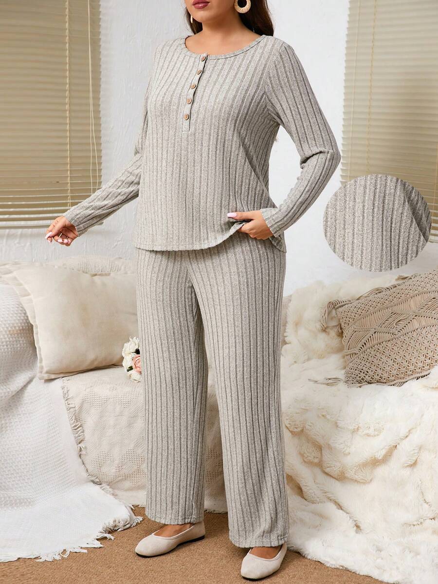SHEIN LUNE 2 piezas Conjunto de pantalón y blusa de manga larga con botones a presión nervurado, talla grande, de otoño - Albaricoque - Ver 1