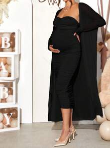 Loomaby 2 件套孕妇派对装亮片长开衫和纯色褶皱修身抹胸连衣裙，适合婴儿洗礼派对，适合孕妇