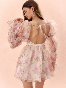 Enchnt Autumn/Winter Romantic Women's Sweetheart Elegant Floral Print Puff Sleeve Backless Dress,For Halloween&Christmas Party - White - View 3