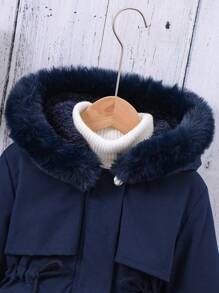 SHEIN Parka mi-longue décontractée pour jeune fille, capuchon, doublure thermique, taille corsetée, coupe-vent, automne et hiver - Bleu marine - Voir 6