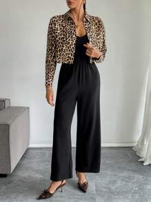 SHEIN Essnce Conjuntos de mujer Ropa de mujer Conjuntos de otoño para mujeres 2 piezas Blusa con botones y estampado de leopardo y conjunto de mono de tirantes de color liso Mono de camisola liso y conjunto de camisa con estampado de leopardo