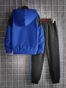 SHEIN 2pcs Tween Boy Casual Comfortable Hoodie Sweatshirt And Contrast Color Pants Set, Autumn/Winter - Blue - View 2