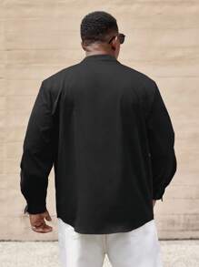 Manfinity Homme 大码男士休闲纯色缺口领长袖衬衫，秋季 - 黑色 - 查看 2