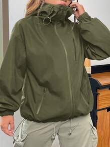 Muchica 女士秋季拉链高领多口袋连帽风衣夹克 - 軍綠色 - 查看 5