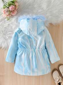 SHEIN 女小童人像圖案毛茸邊連帽外套 - 藍色 - 查看 2
