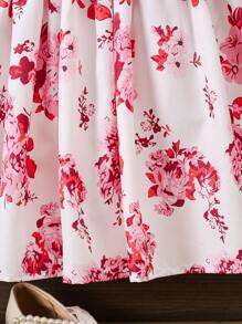 Vestido de manga larga con estampado floral, volantes en el bajo, lazo en la cintura, apropiado para primavera y otoño, para niñas - Rosa - Ver 4