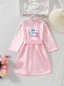 Girls Pajamas Pink Satin Backprint Long Sleeve Maxi Robe Nightwear Set For Young Girl - Pink - View 1