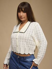Forever 21 Áo len cardigan dệt kim dài tay khoét lỗ viền tương phản màu be cỡ lớn thời trang dành cho nữ, mùa thu/đông - Màu be - Xem 9