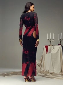 SHEIN Unity Women's Long Sleeve Hollow Waist Dress With Dissolving Stripe And Butterfly Print In Black And Red - Multicolor - View 2