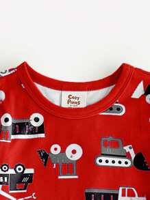Cozy Pixies 2 件套卡通汽车印花针织柔软圆领长袖上衣和裤子男婴睡衣套装