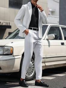 Manfinity Mode Ensemble costume formel d'affaires pour hommes avec col cranté texturé (veste de blazer et pantalon) - Blanc - Voir 6