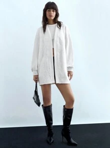 Maija Women's White Floral Embossed Elegant Long Sleeve Regular Jacket, Autumn/Winter - White - View 1