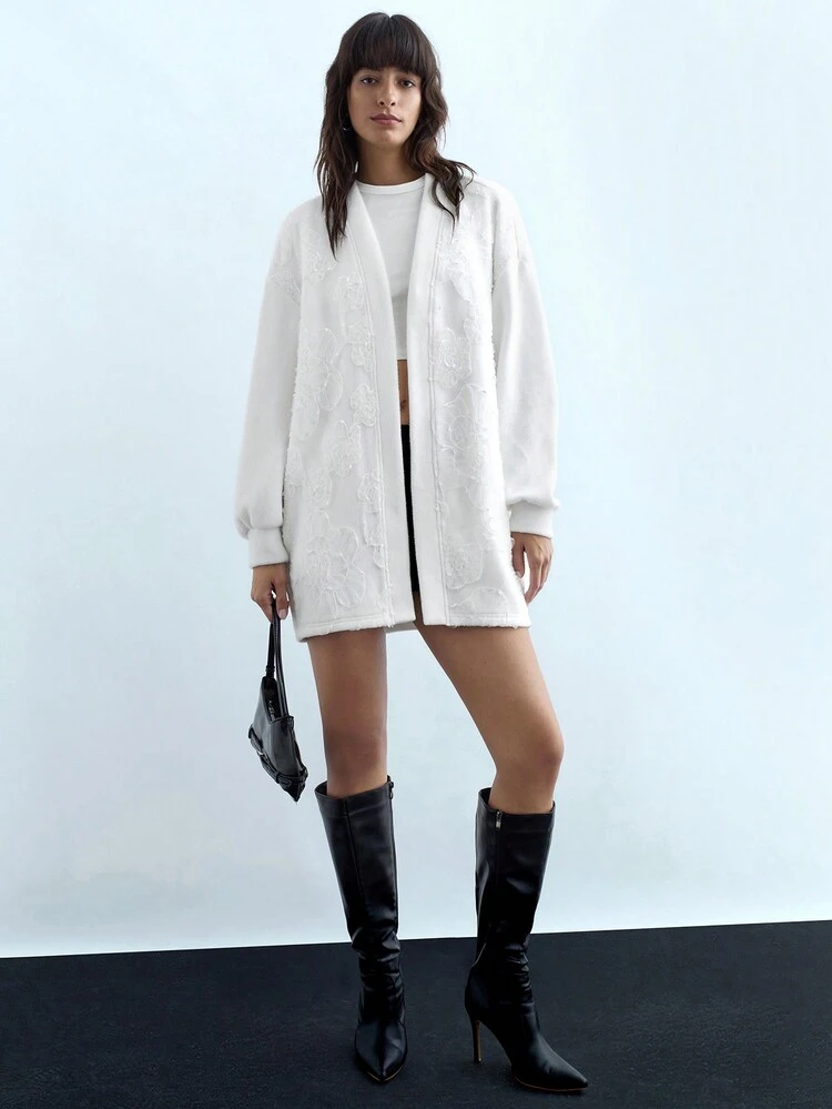 SHEIN Maija Damen weiße Jacke mit blumigem Prägedruck, eleganter Regeljacke für Herbst/Winter