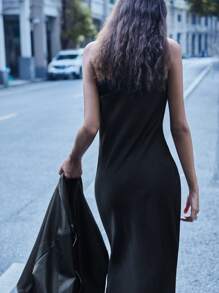 Maija Women Black Lace Patchwork Solid Color Draped Asymmetric Neck Sleeveless Elegant Dress