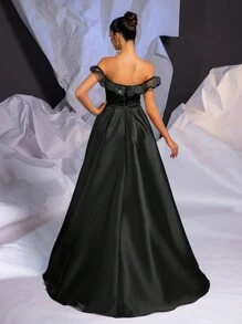 Glamrae 优雅奢华的亮片装饰露肩超长美人鱼裙，带侧开衩，晚礼服，黑色正式舞会礼服，适合婚礼嘉宾、毕业典礼、晚宴黑色紧身胸衣礼服黑色舞会礼服黑色晚宴礼服奢华礼服，派对礼服 - 黑色 - 查看 2