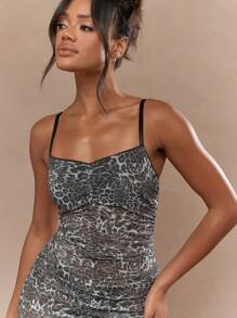 MISSGUIDED Sheer Leopard Print Sweetheart Neck Spaghetti Strap  Ruched Midaxi Dress