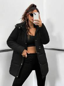 Abrigo acolchado con capucha de unicolor casual de invierno - Negro - Ver 6