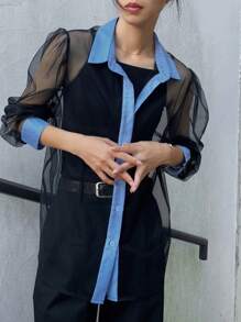 FRIFUL Women's Loose Fit Colorblock Puff Sleeve Shirt Sheer