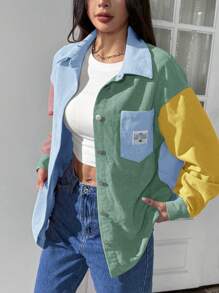 SHEIN EZwear Áo khoác nhung kẻ vá chữ vai trễ màu - Nhiều màu - Xem 4