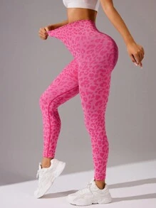 Core Rhythm Leopard Jacquard Seamless High Elasticity Yoga Leggings - Hot Pink - View 5