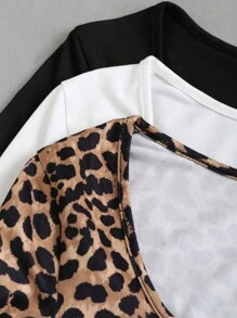 Sweetra Set de 3 blusas de manga larga de ajuste slim talla grande para mujer con estampado gráfico de leopardo, blusas para mujer en primavera