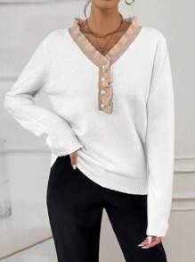 SHEIN LUNE Jersey de cuello en V de manga larga con volantes de contraste para mujer, suéter de punto para otoño e invierno - Blanco - Ver 5
