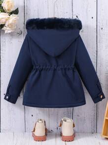 SHEIN Parka mi-longue décontractée pour jeune fille, capuchon, doublure thermique, taille corsetée, coupe-vent, automne et hiver - Bleu marine - Voir 2