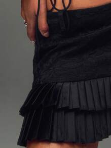 TypaGal Lace Paneled Double Layer Satin Pleated Mini Skirt - Black - View 7