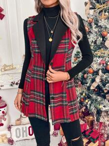 EMERY ROSE Christmas Women's Casual Red Plaid Cinched Waist Vest Jacket (Random Flower) - Multicolor - View 6