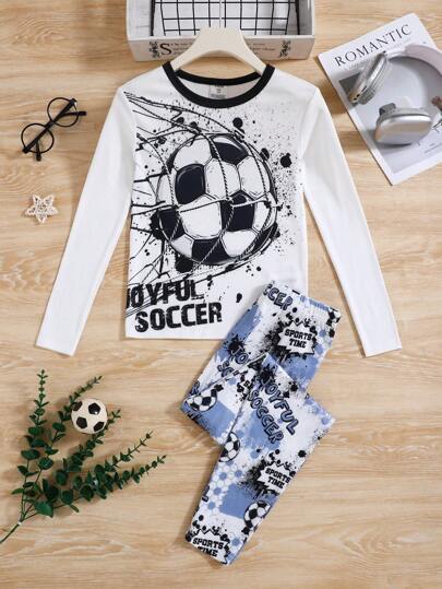 SHEIN Leap Crew 2 件装青少年男孩舒适足球和字母图案撞色圆领长袖 T 恤和裤子家居服套装
