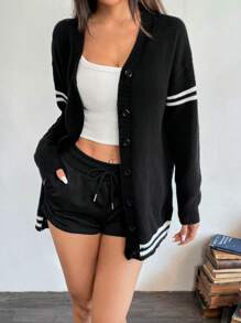 Chiquease 全新 V 领条纹休闲长袖开衫