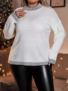 SHEIN LUNE Plus Size Striped Printed Mock Neck Casual Pullover Sweater Knit Pullover Fall Winter - Black and White - View 6