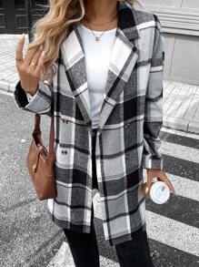 SHEIN LUNE Thick & Warm Plaid Printed Long Ladies Overcoat, Autumn Winter - Black and White - View 3