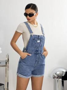 SHEIN ICON Women's Casual Letter Patched Pockets Denim Bib Shorts (T-Shirt Not Included) - Dark Wash - View 3