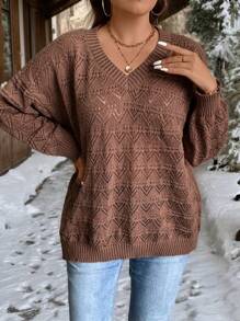 EMERY ROSE Plus Size Women's V Neck Pointelle Sweater Fall Women Western Attire, Winter Sweater - Brown - View 5