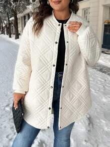 SHEIN LUNE Plus Size Button-Front Cardigan With Textured Diamond Pattern Design, Long Sleeve Winter Coats - Apricot - View 3