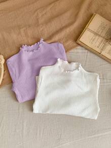 SHEIN Leap Crew Young Girl Cheapest Buy 1 Get 1 Free 2 Pieces/Set Casual Basic All-Match Wave Trim Stand Collar Long Sleeve Solid Color Top 2pcs/Set,Autumn And Winter,Great For Casual & Daily Wear & School Daily,College Style, Back-To-School,Party Fall (10),Winter (5),White