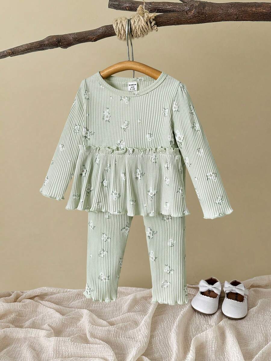 SHEIN Vintaside Kids Baby Girl Casual Ditsy Floral Elegant Outfit, Fall/Winter - Multicolor - View 1