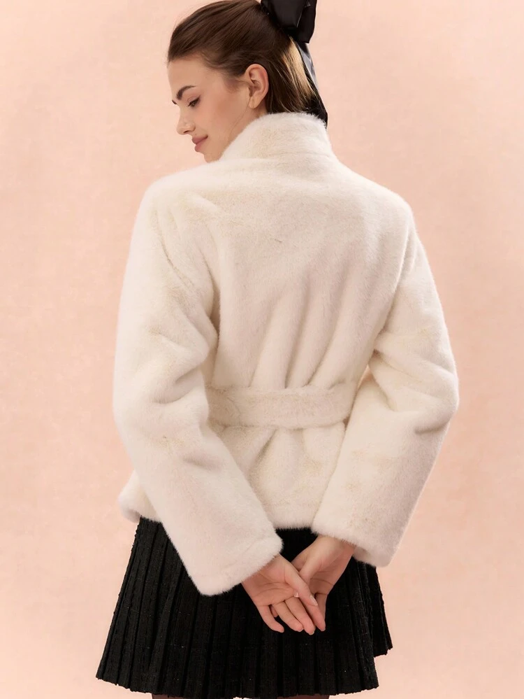 Women's 1Pc Solid Winter Fluffy Trim Belted Lapel Elegant Long Sleeve Jacket,Fall Women Clothes,Winter Women Coats,Vintage Fur