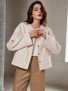 EMERY ROSE Vintage Elegant Round Neck Short Metallic Button Pocket Jacket Fall Cloth For Women - Apricot - View 1