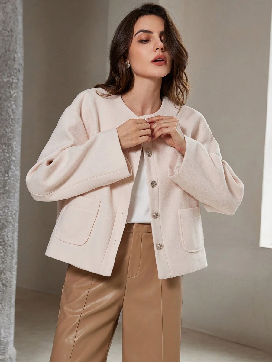EMERY ROSE Vintage Elegant Round Neck Short Metallic Button Pocket Jacket Fall Cloth For Women - Apricot - View 1