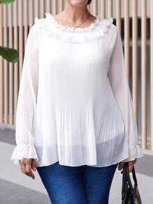 EMERY ROSE Plus Size Women White Mom Splice Ruffle Trim Raglan Sleeve Elegant Blouse,Winter Women Clothes